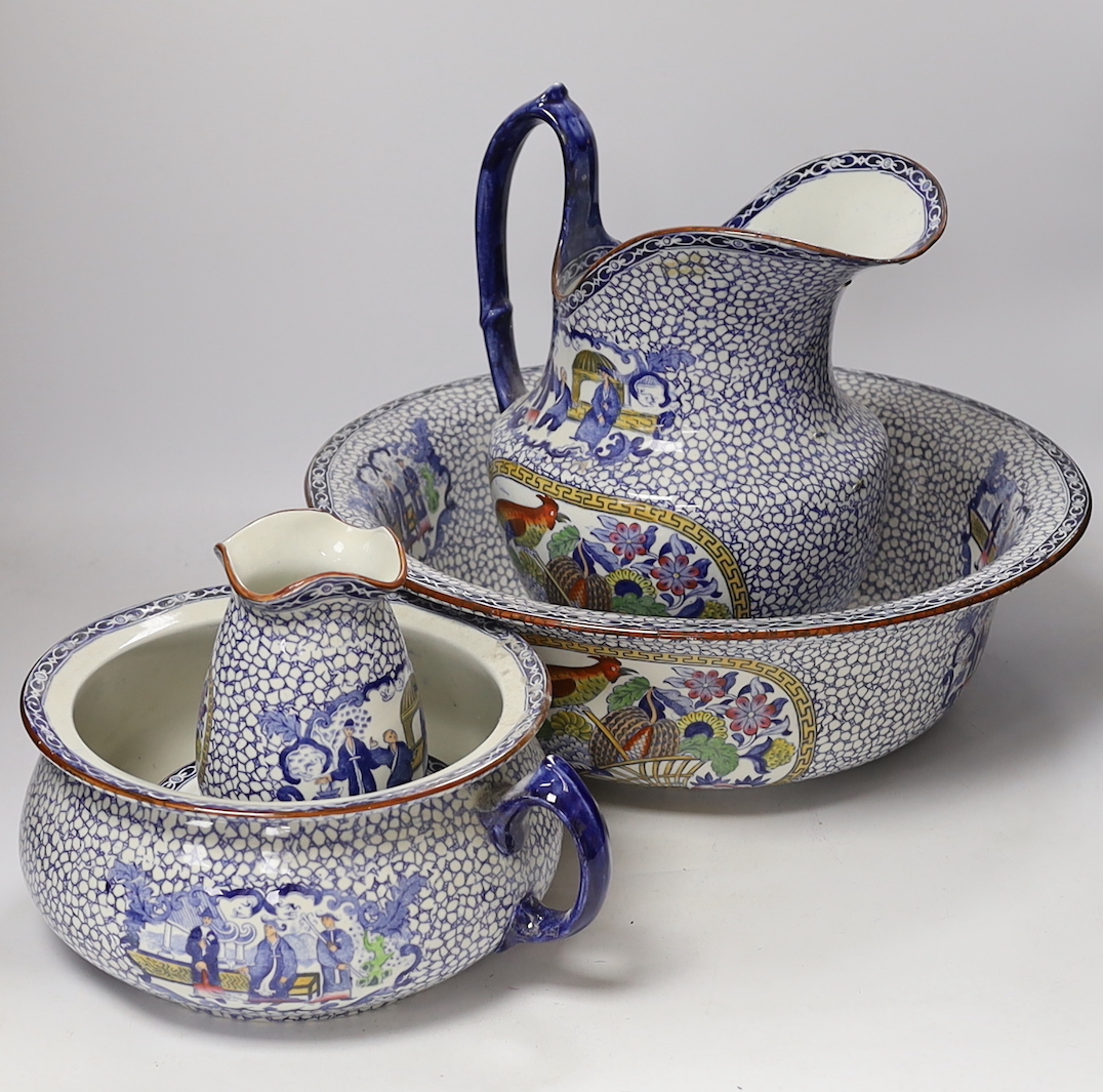 A Victorian blue and white chamber pot, a vase, a bowl, a pot and a jug and basin, jug 27cm (5)